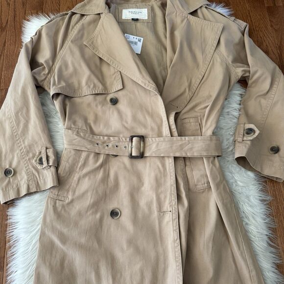 American Eagle Twill Long Trench Coat Women’s Large Belted Beige Jacket Preppy - Picture 8 of 16